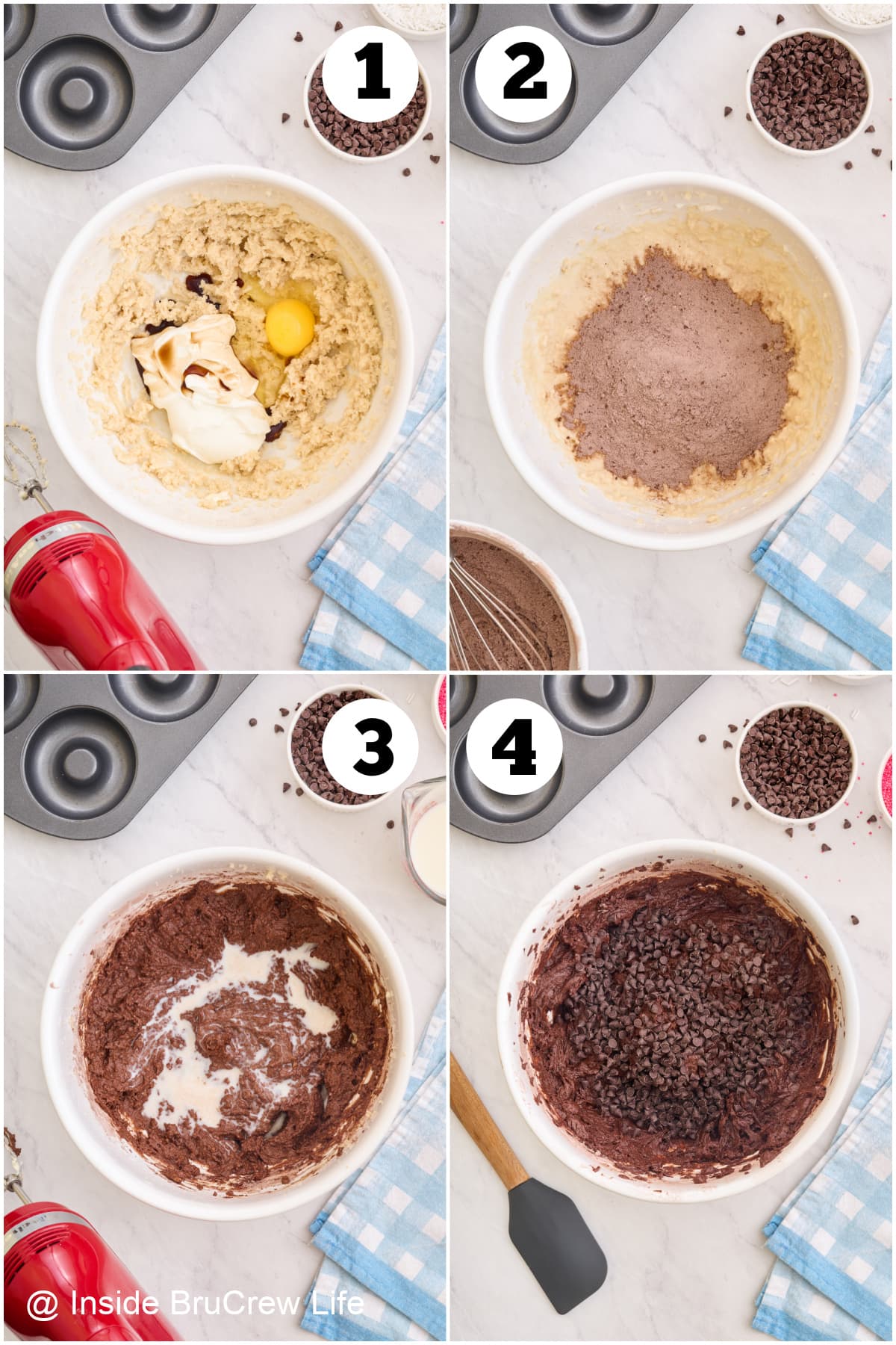 Four pictures collaged together showing how to make chocolate donut batter.