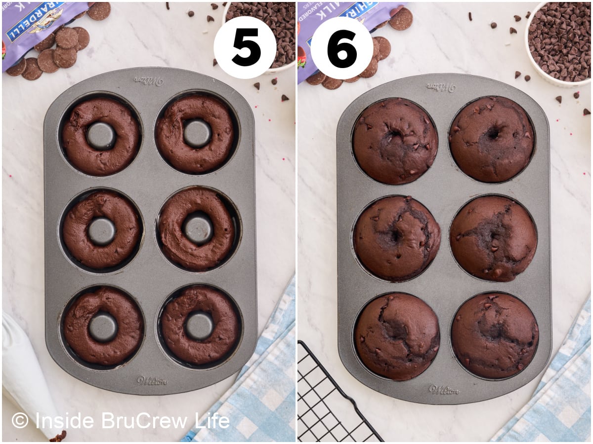 Two pictures showing how to bake donuts in a donut pan.