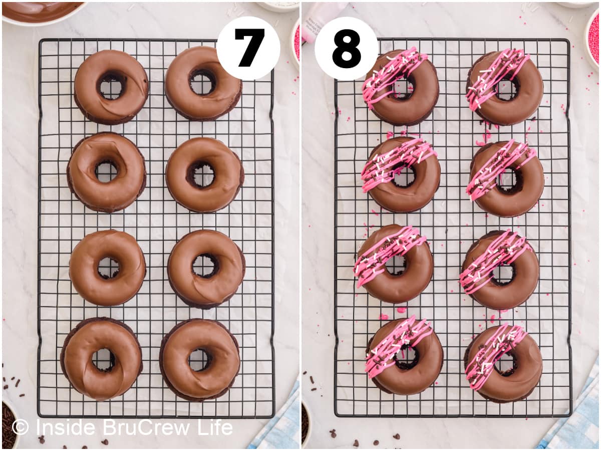 Two pictures showing how to decorate the tops of baked chocolate donuts.
