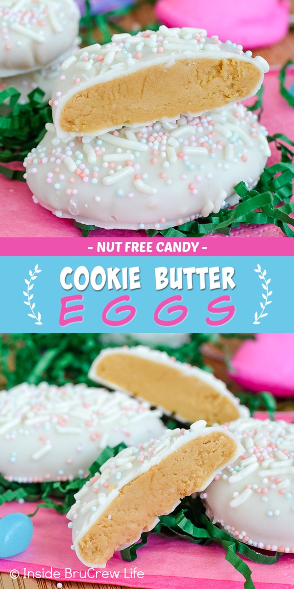 Two pictures of Nut Free Cookie Butter Eggs collaged together with a blue and pink text box