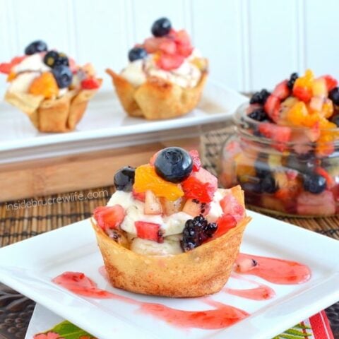 Cinnamon sugar tortilla cups filled with yogurt and fruit salsa.