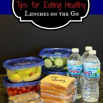 Clear plastic containers filled with healthy food and water bottles on a picture with a logo for healthy lunches on the go