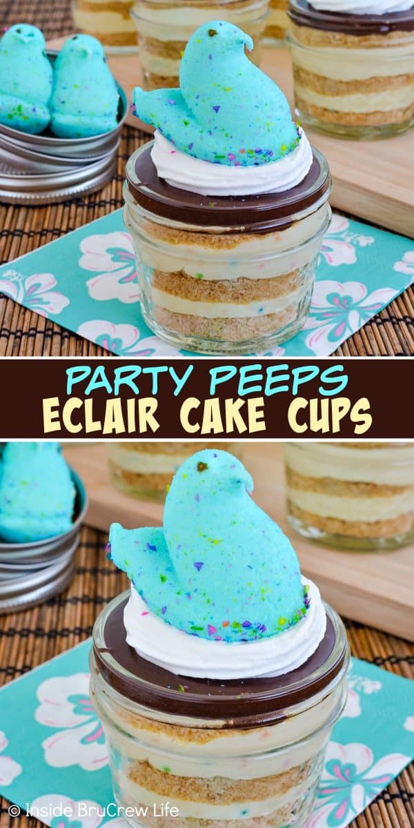 Party Peeps Eclair Cake Cups - the layers of pudding, graham cracker, and chocolate make these no bake eclair cakes a fun treat! Make this easy recipe for Easter dinner or parties! #eclaircake #nobake #funfetti #peeps #easter