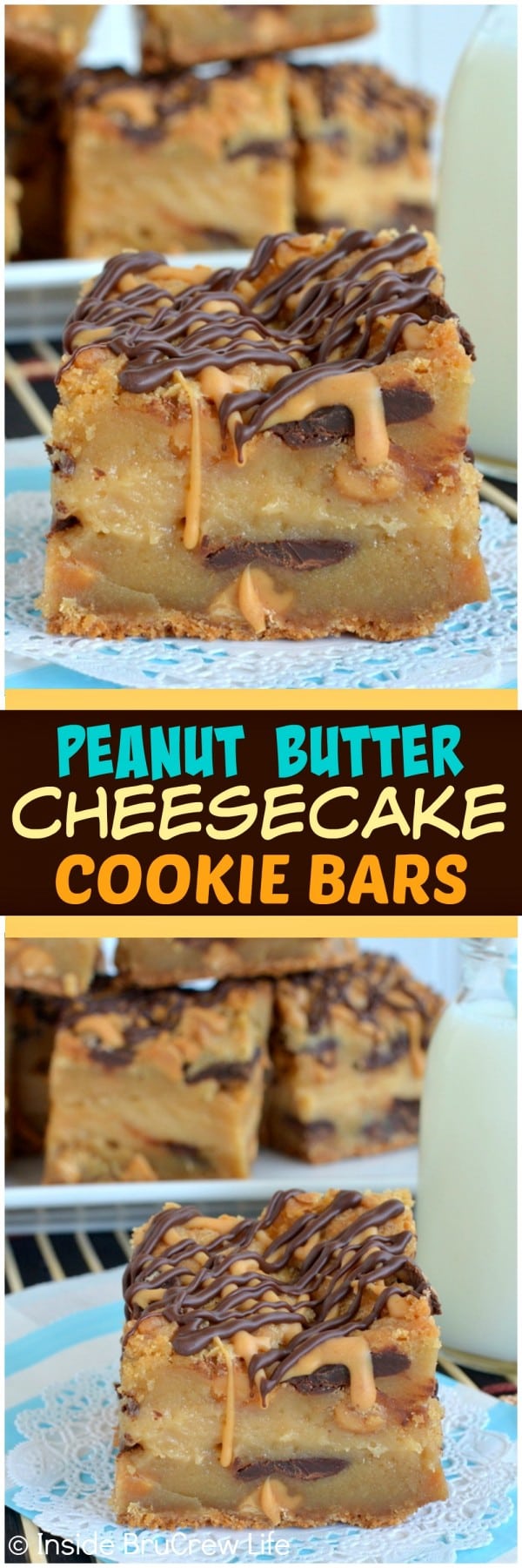 Peanut Butter Cheesecake Cookie Bars - peanut butter cookies layered with peanut butter cheesecake and chocolate make this perfect for the peanut butter lover! Awesome dessert recipe!