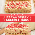 Two pictures of strawberry granola bars with a red text box.