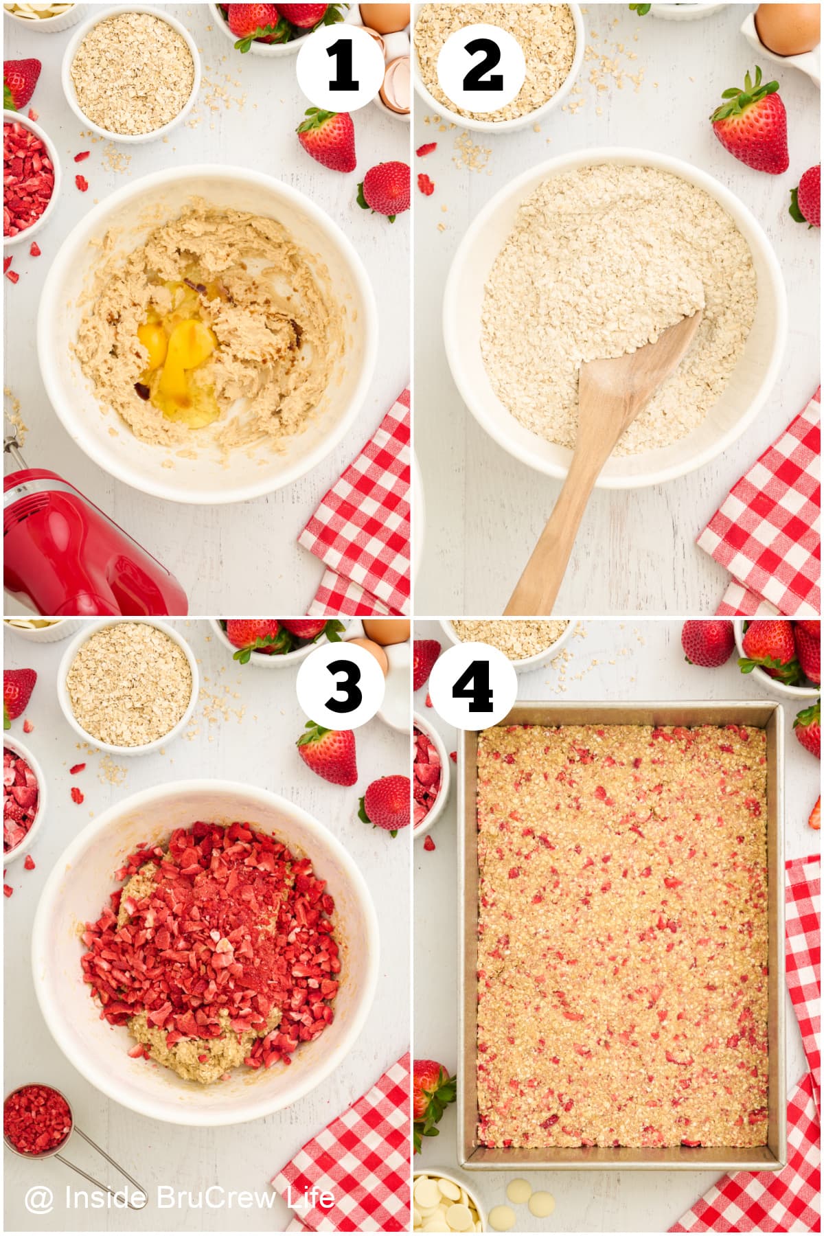 Four pictures collaged together showing how to make homemade oatmeal bars.