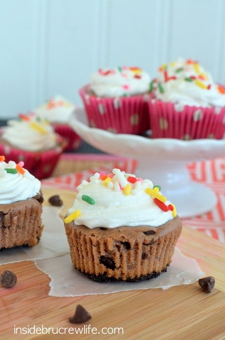 These mini cheesecakes have a fun brownie and chocolate chip twist.  Perfect for munching on any time of day!