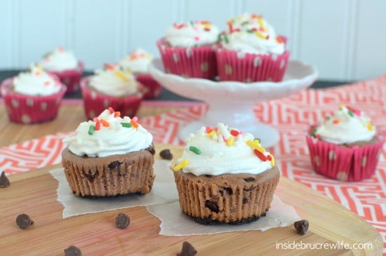 These mini cheesecakes have a fun brownie and chocolate chip twist.  Perfect for munching on any time of day!