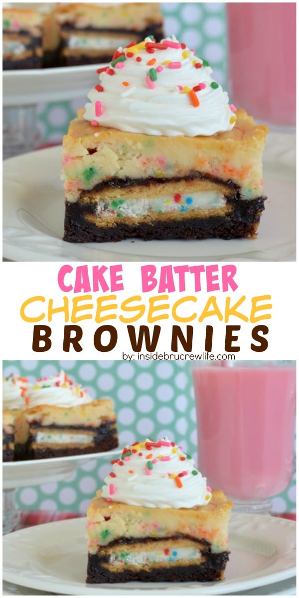 Brownies with Oreo cookies inside and cake batter cheesecake on top is the perfect dessert for celebrating anything!