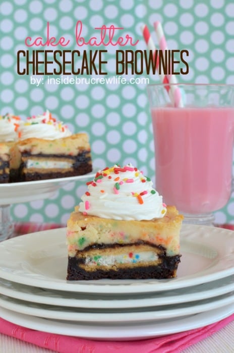 Brownies with Oreo cookies inside and cake batter cheesecake on top is the perfect dessert for celebrating anything!