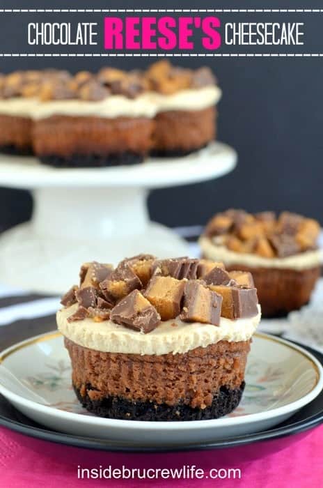 These chocolate cheesecake have a peanut butter mousse and Reese's peanut butter cups on top.  They are delicious!