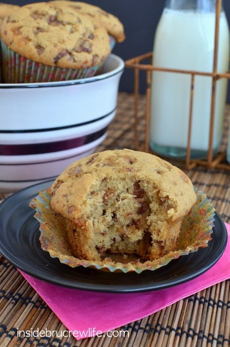 Coffee and toffee bits in these delicious muffins will help get you moving in the morning!  Be prepared for the entire batch to get gobbled down.