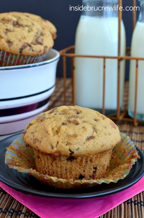 Coffee and toffee bits in these delicious muffins will help get you moving in the morning!  Be prepared for the entire batch to get gobbled down.