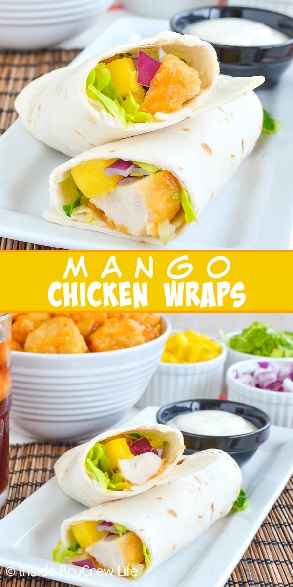 Two pictures of mango chicken wraps collaged together with a yellow text box