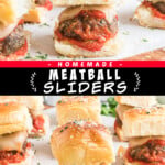 Two pictures of meatball sliders collaged with a black text box.