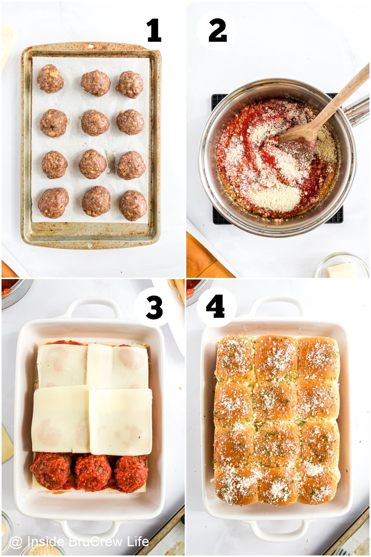 Four pictures collaged together showing how to make mini sandwiches with meatballs.