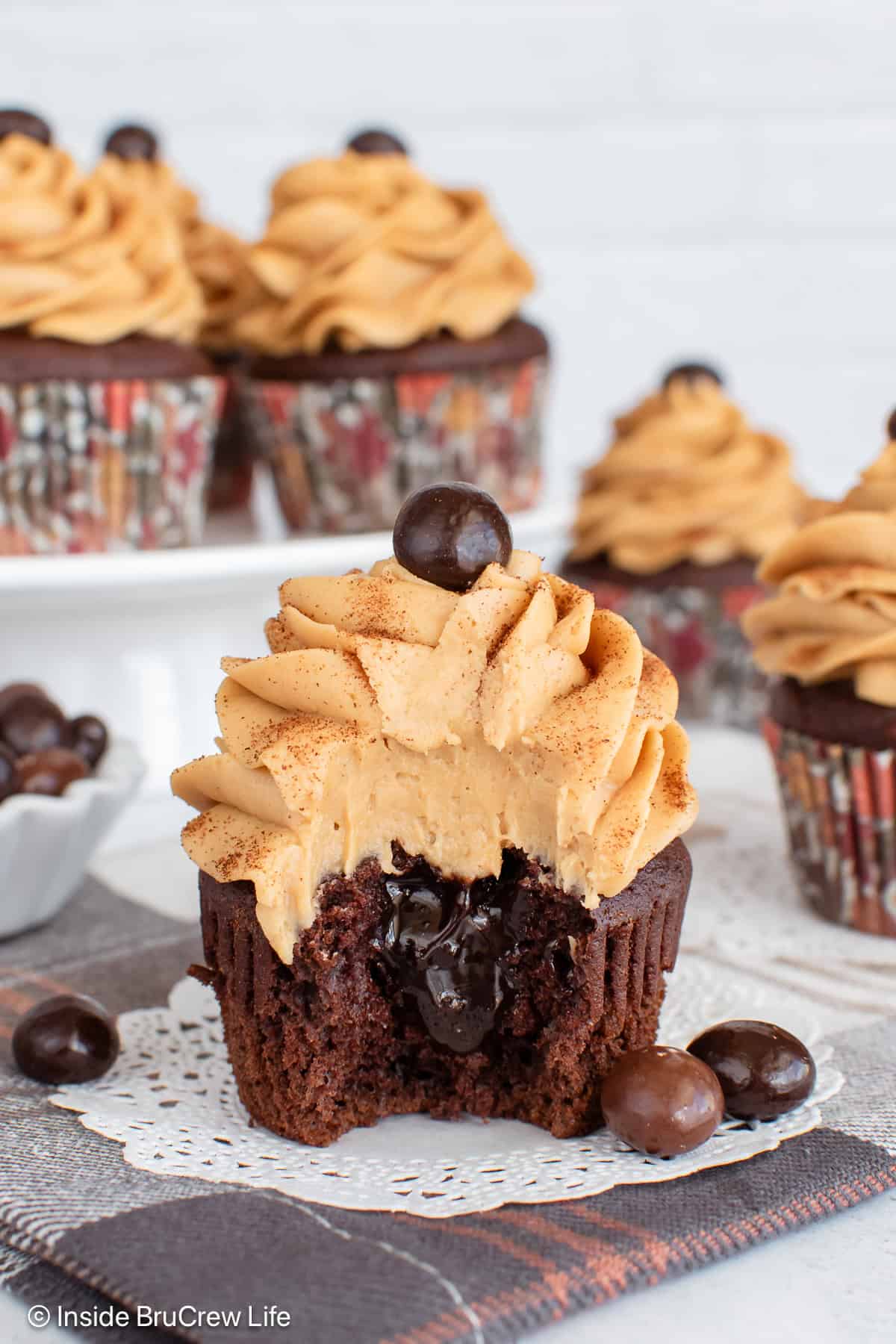 A fudge filled mocha cupcake topped with espresso frosting.