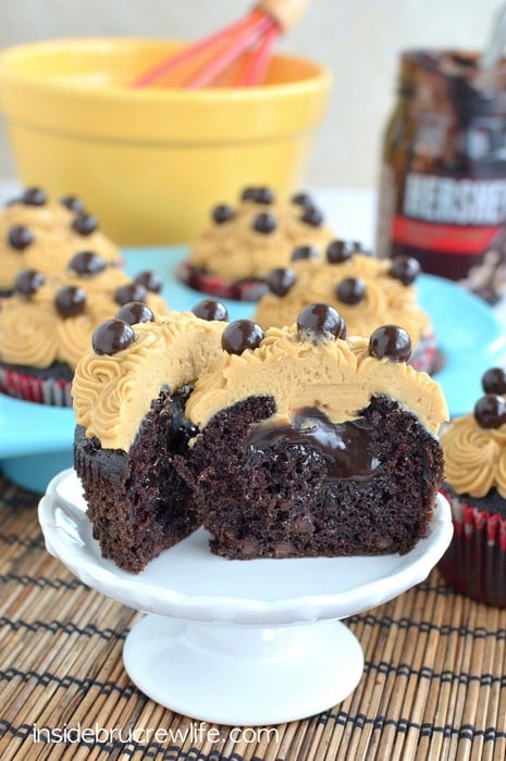 These mocha cupcakes have a hidden fudge pocket and coffee butter cream on top.  They will not last long when you make them!!!