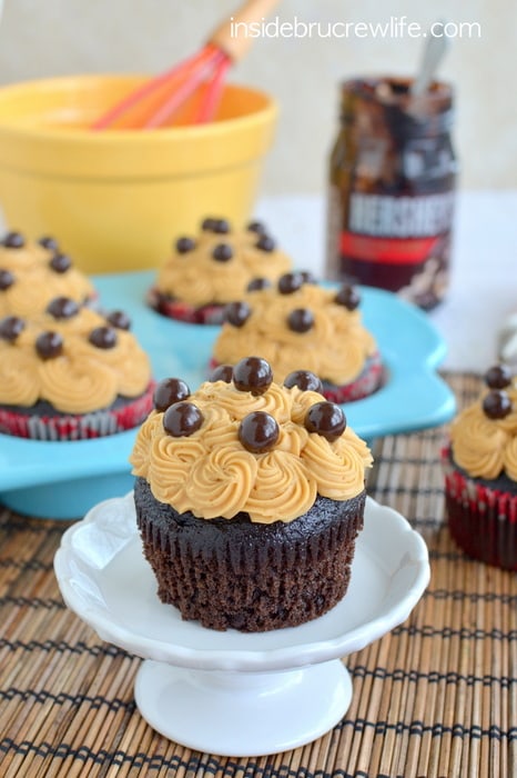 These mocha cupcakes have a hidden fudge pocket and coffee butter cream on top.  They will not last long when you make them!!!