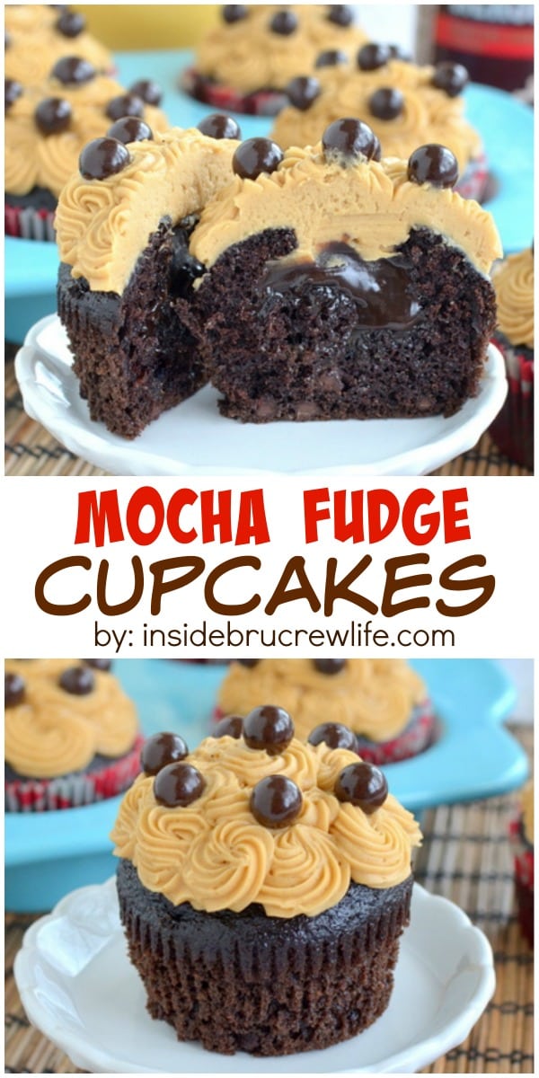 These mocha cupcakes have a hidden fudge pocket and coffee butter cream on top.  They will not last long when you make them!!!