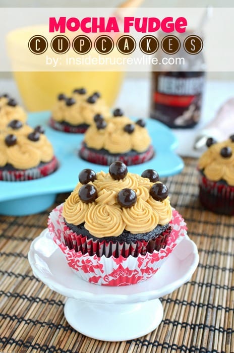 These mocha cupcakes have a hidden fudge pocket and coffee butter cream on top.  They will not last long when you make them!!!