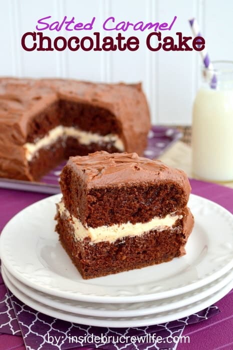 Salted Caramel Chocolate Cake - layers of homemade cake with two kinds of frosting! Great cake recipe for any party!