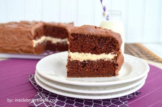 Salted Caramel Chocolate Cake - this easy homemade chocolate cake has layers of salted caramel and chocolate frosting! Great recipe for any party!