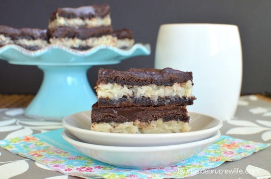 Chocolate Coconut Bars - chocolate cake mix bars filled with a coconut filling and topped with chocolate ganache