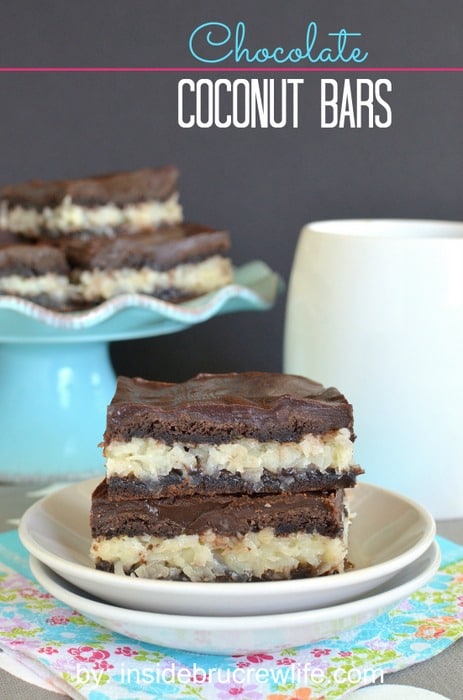 Chocolate Coconut Bars - a creamy coconut filling inside a soft cake bar makes a delicious dessert. Easy recipe to share with friends!