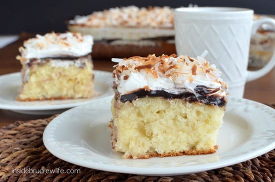 Hot fudge and three times the coconut makes this cake disappear every time I make it!