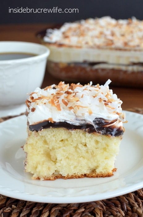 Hot fudge and three times the coconut makes this cake disappear every time I make it!
