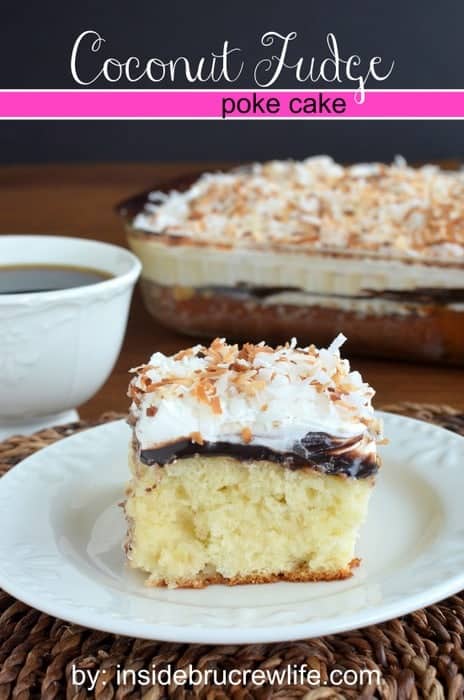 Hot fudge and three times the coconut makes this cake disappear every time I make it!