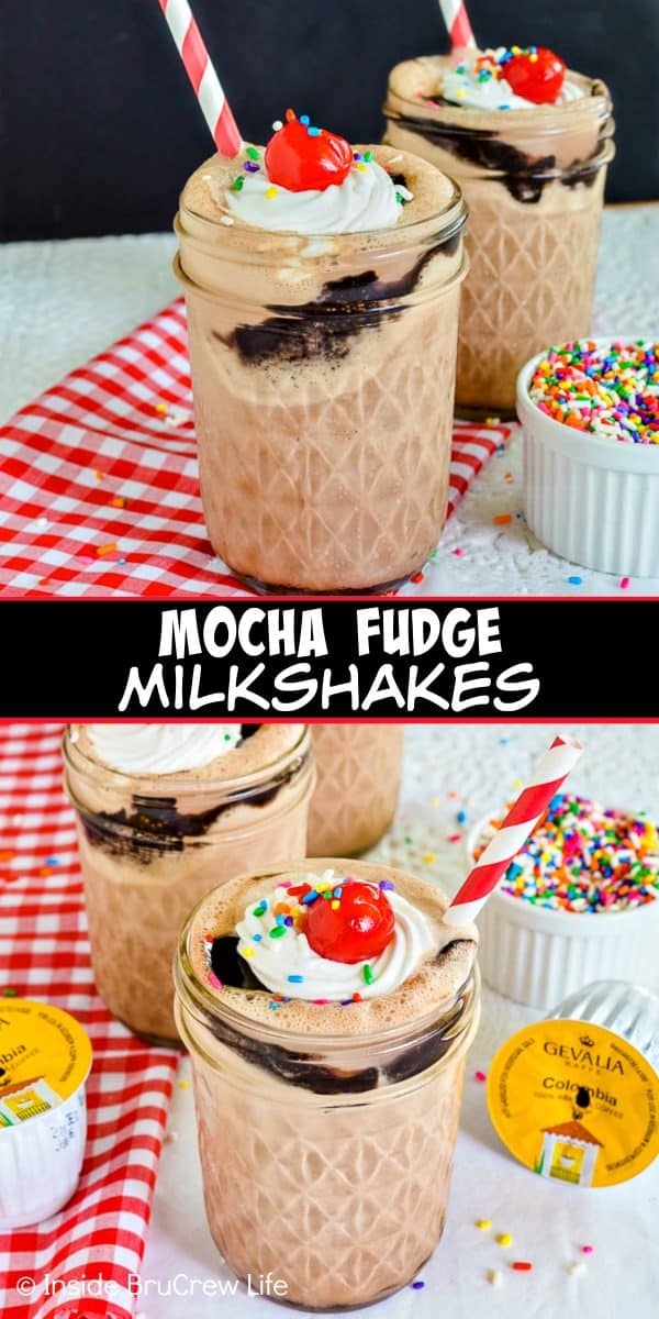 Mocha Fudge Milkshakes - mix together coffee, ice cream, and hot fudge to make the perfect summer treat. Make this easy dessert in minutes. #milkshake #coffee #mocha #fudge #recipe #summerdessert