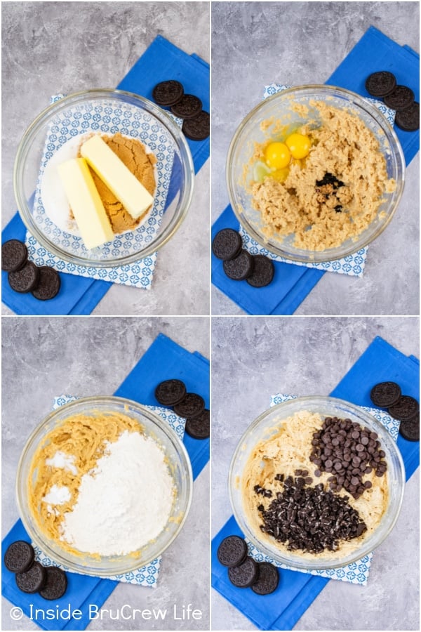 Four pictures collaged together showing how to make the Oreo chocolate chip cookie dough.