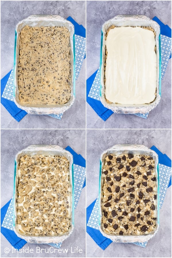 Four pictures collaged together showing the layers in Oreo Chocolate Chip Cheesecake Bars.