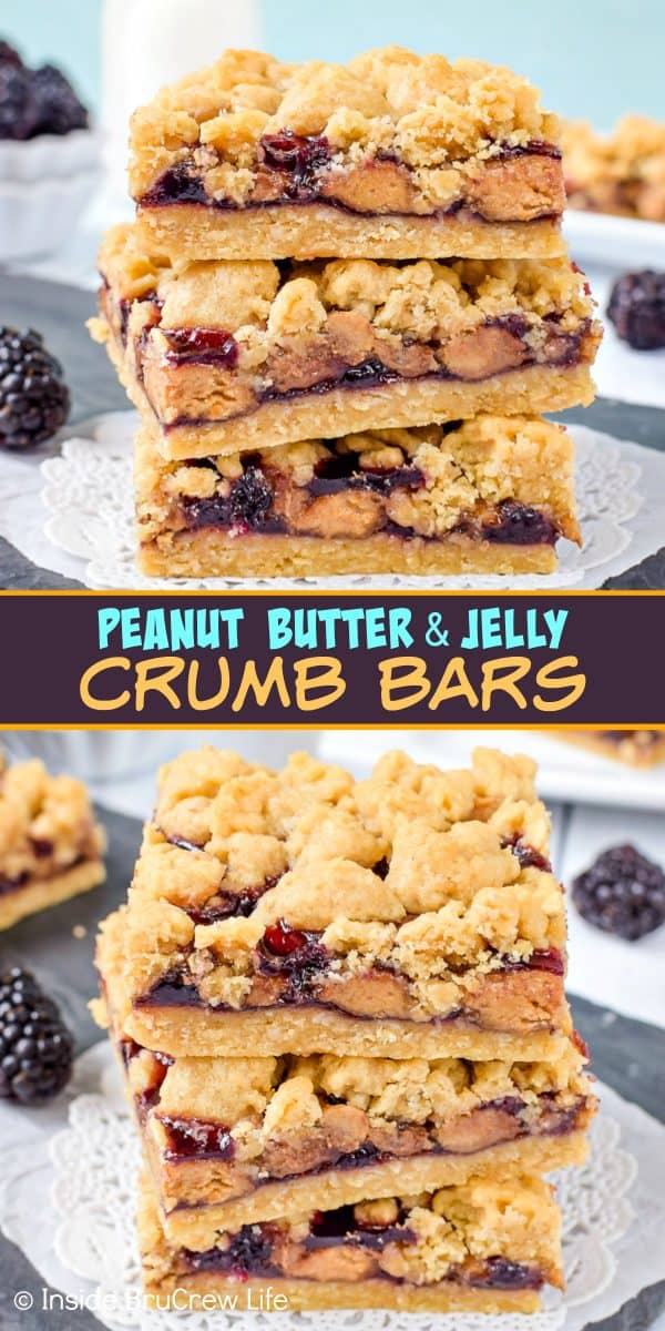 Peanut Butter and Jelly Crumb Bars - these easy crumble cookie bars have peanut butter cups and blackberry jelly in the center. Make this easy recipe for picnics or after school snacks. #peanutbutterandjelly #cookiebars #peanutbuttercups #blackberry #backtoschool