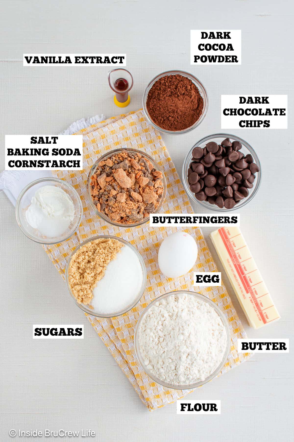 Chocolate Butterfinger cookies ingredients with text labels.