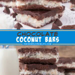 Two pictures of chocolate coconut bars collaged with a blue text box.