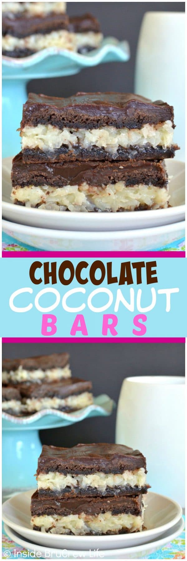 Chocolate Coconut Bars - these easy bars have a creamy coconut filling, chocolate crust, and chocolate glaze! Easy dessert recipe for sharing!