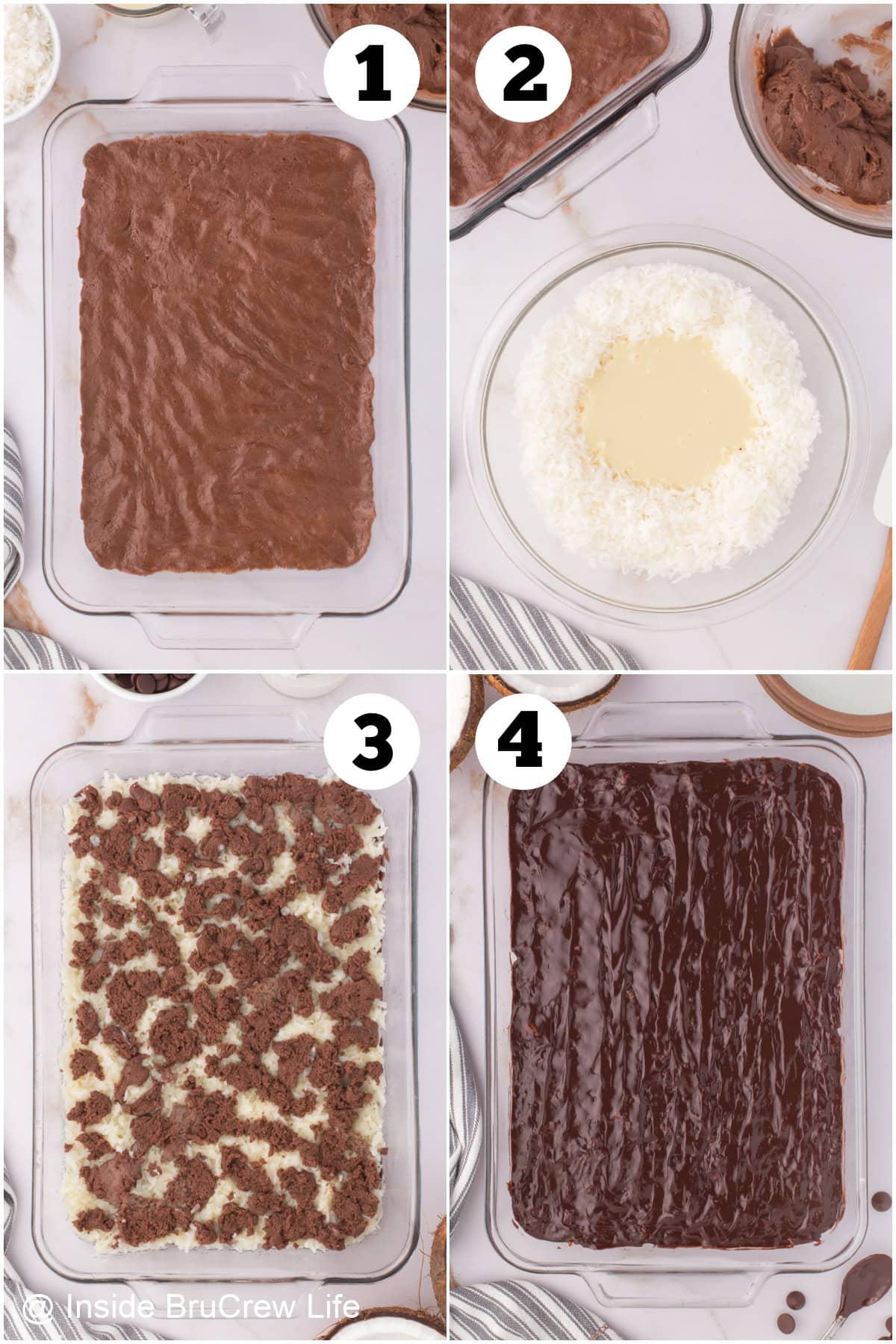 Four pictures collaged together showing how to make coconut bars with a chocolate cake mix.