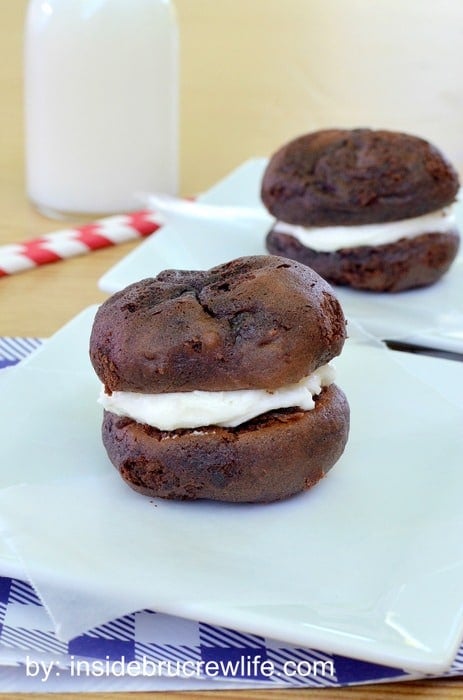 Chocolate Whoopie Pies | Inside BruCrew Life - chocolate cake mix cookies filled with a marshmallow butter cream #chocolate #cookies