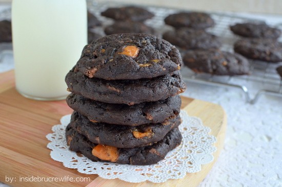 Dark Chocolate Butterfinger Cookies | Inside BruCrew Life - soft, dark chocolate cookies filled with plenty of #Butterfinger candy chunks #cookies