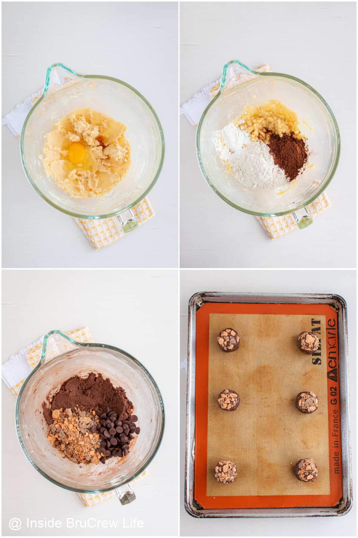 Step by step photos showing how to make dark chocolate Butterfinger cookies.