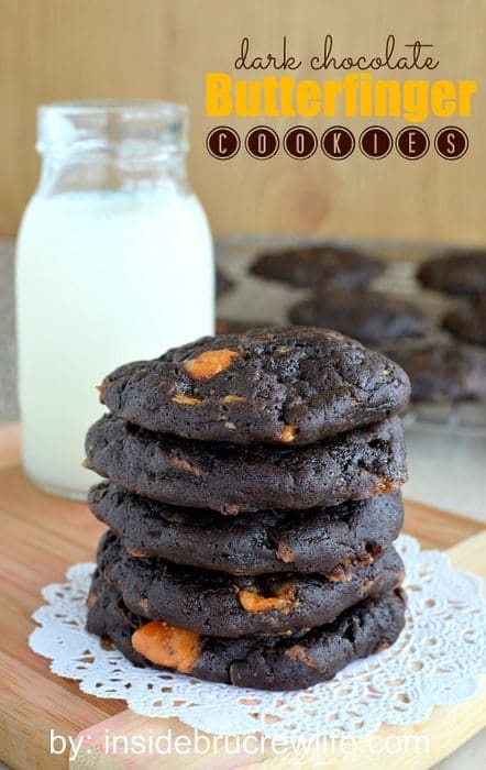 Dark Chocolate Butterfinger Cookies | Inside BruCrew Life - soft, dark chocolate cookies filled with plenty of #Butterfinger candy chunks #cookies