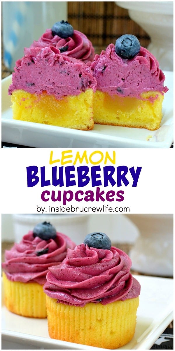 These easy lemon cupcakes filled with lemon curd and topped with blueberry butter cream are refreshing and delicious.