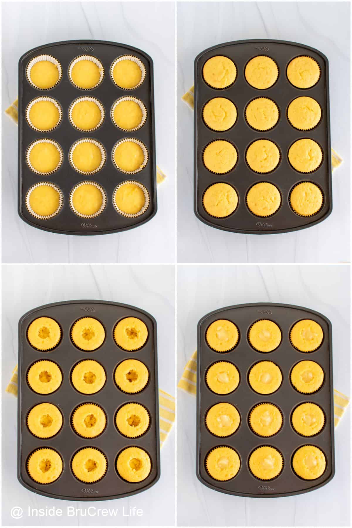 Step by step photos showing how to make and fill lemon cupcakes.