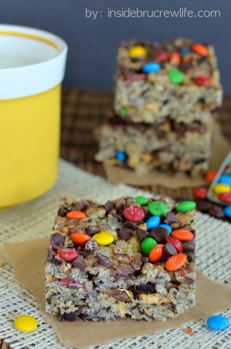 Monster Cookie Rice Krispie Treats - an easy rice krispie treat loaded with candy and cookies! Great no bake dessert recipe!