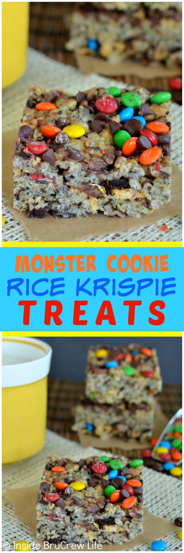 Monster Cookie Rice Krispie Treats - these easy no bake bars are loaded with two kinds of cookies and candy! Great dessert recipe to share with friends!