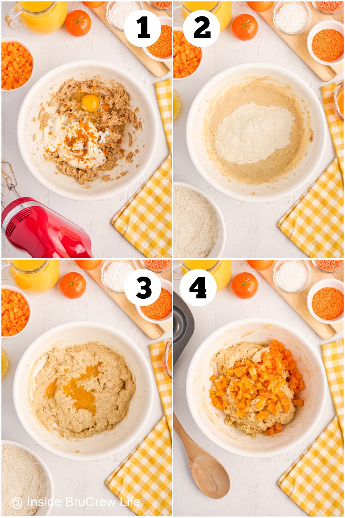 Four pictures collaged together showing how to make orange donut batter.