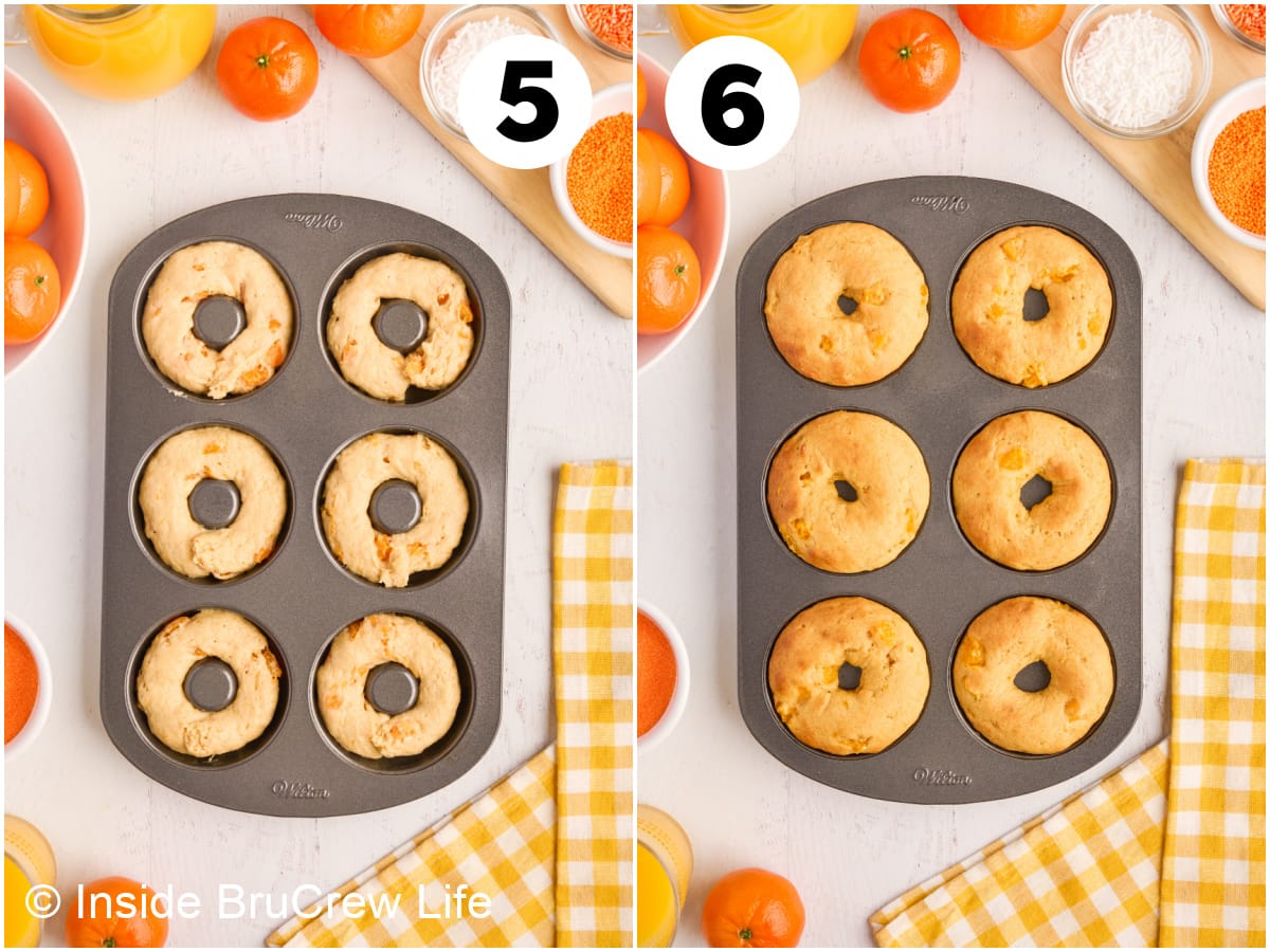 Two pictures collaged together showing unbaked and baked donuts.
